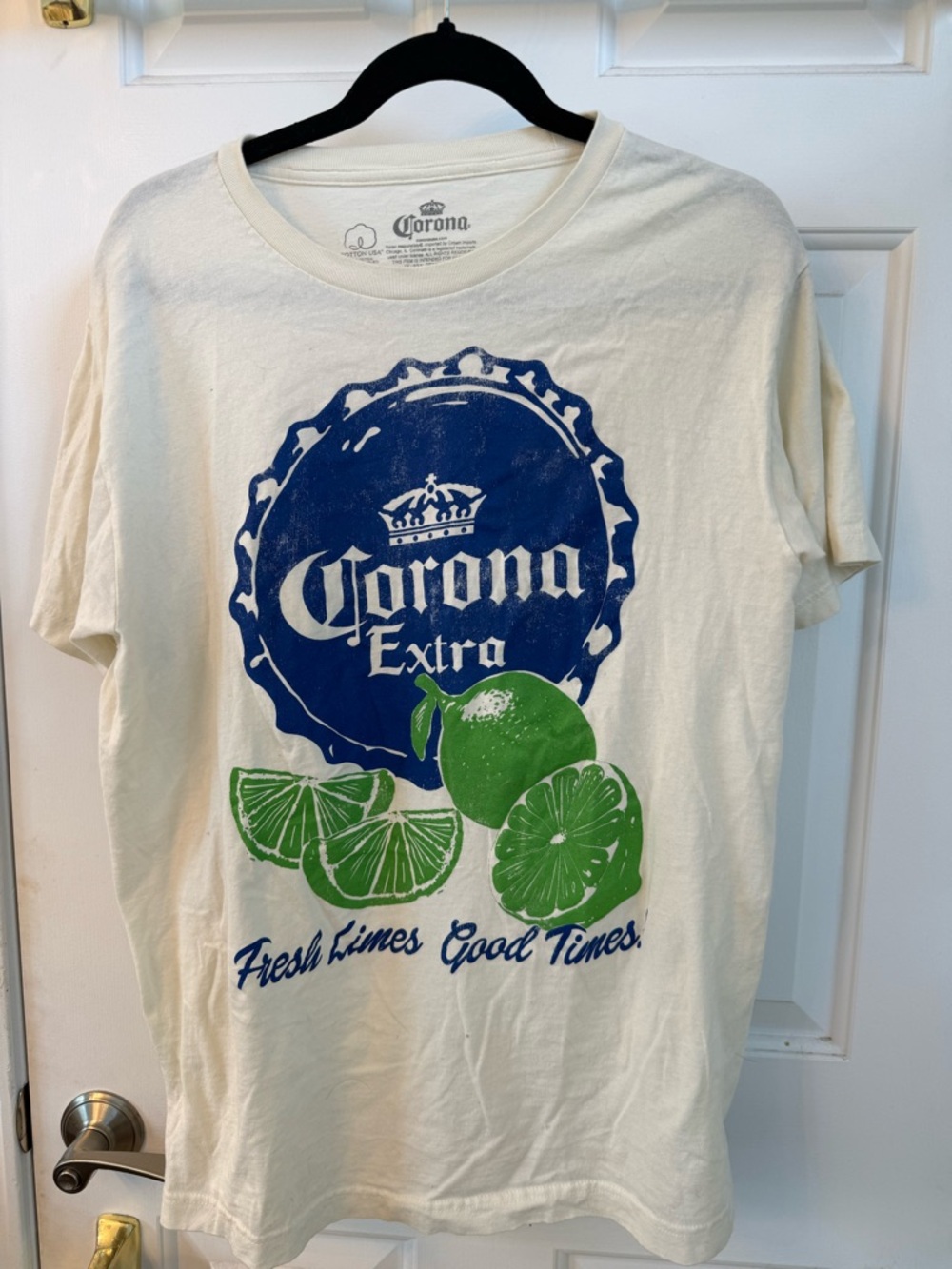 Corona Cream Tee with Navy Logo and Green Lime Graphic